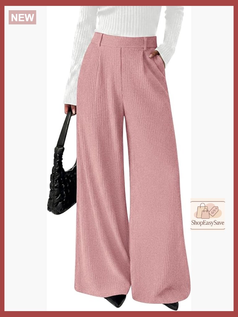 Wide Leg Pants Dressy Work Business Casual Elastic High Waisted Trousers Ribbed